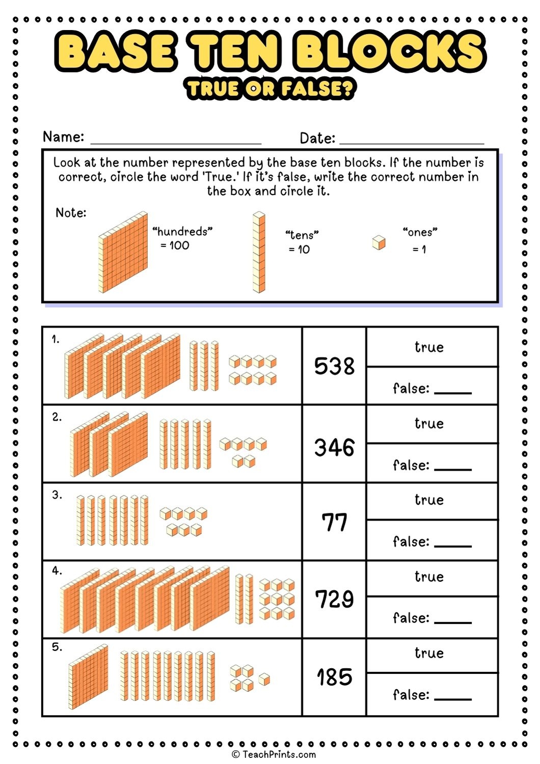 Free Base Ten Blocks Worksheets Teach Prints