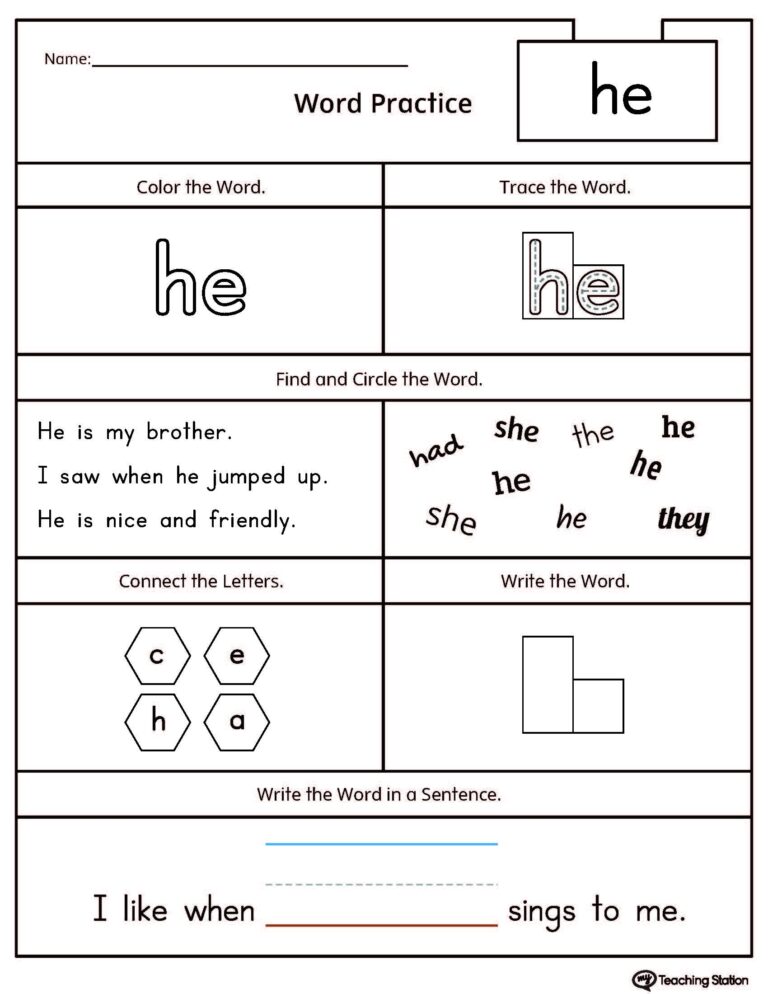 FREE High Frequency Word HE Printable Worksheet MyTeachingStation