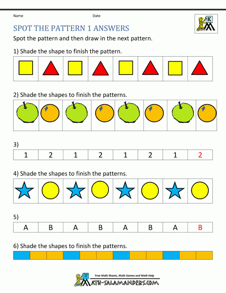 Free Kindergarten Worksheets Spot The Patterns