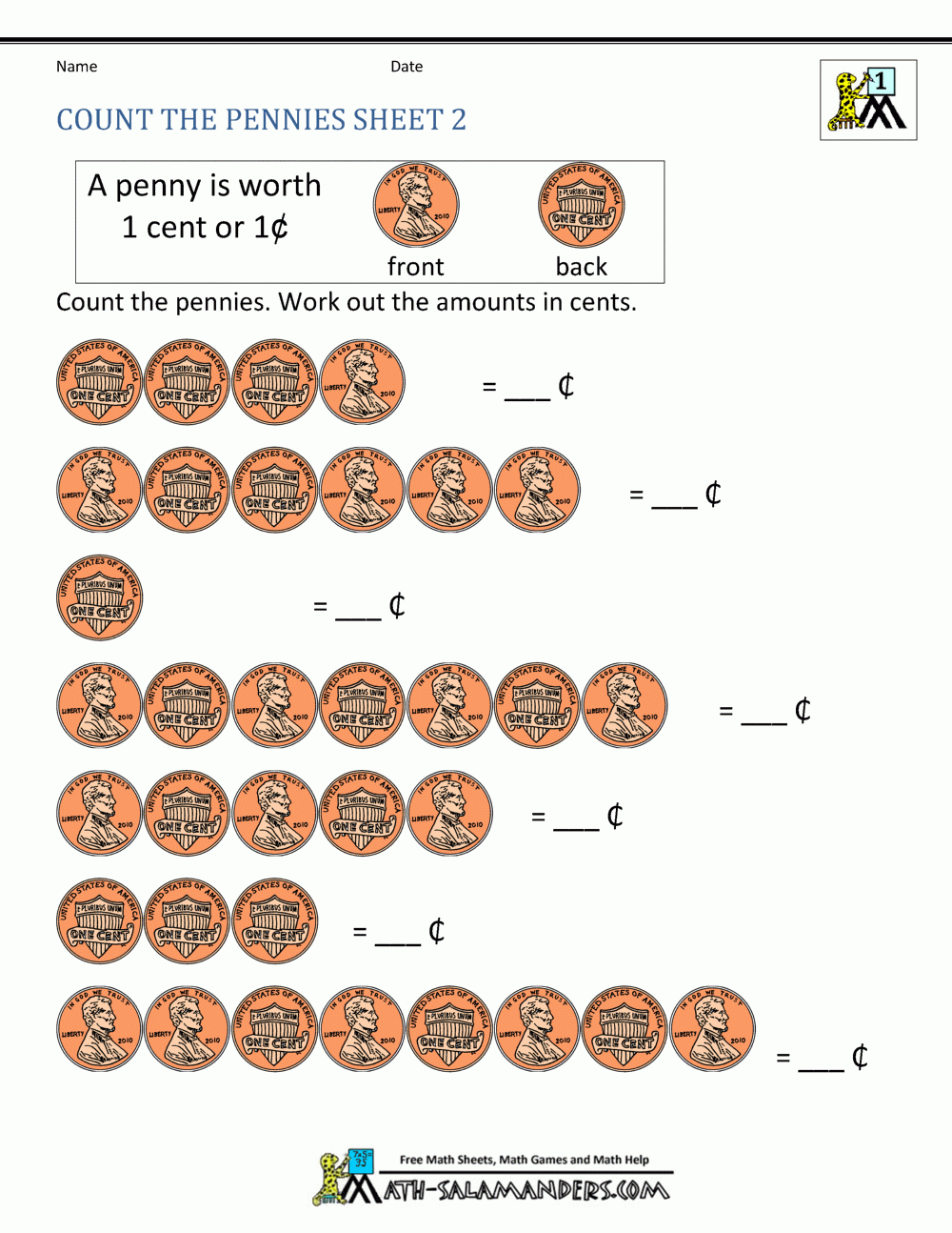 Free Kindergarten Coin Worksheets