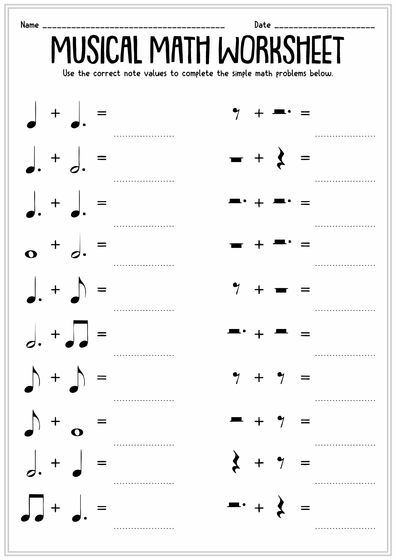 Music Math Worksheets Kindergarten