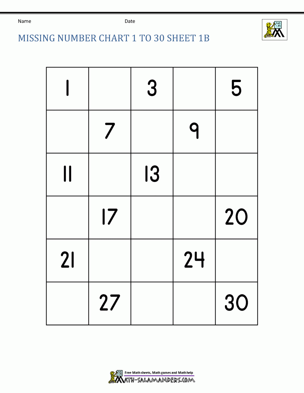 Free Number Chart 1 30