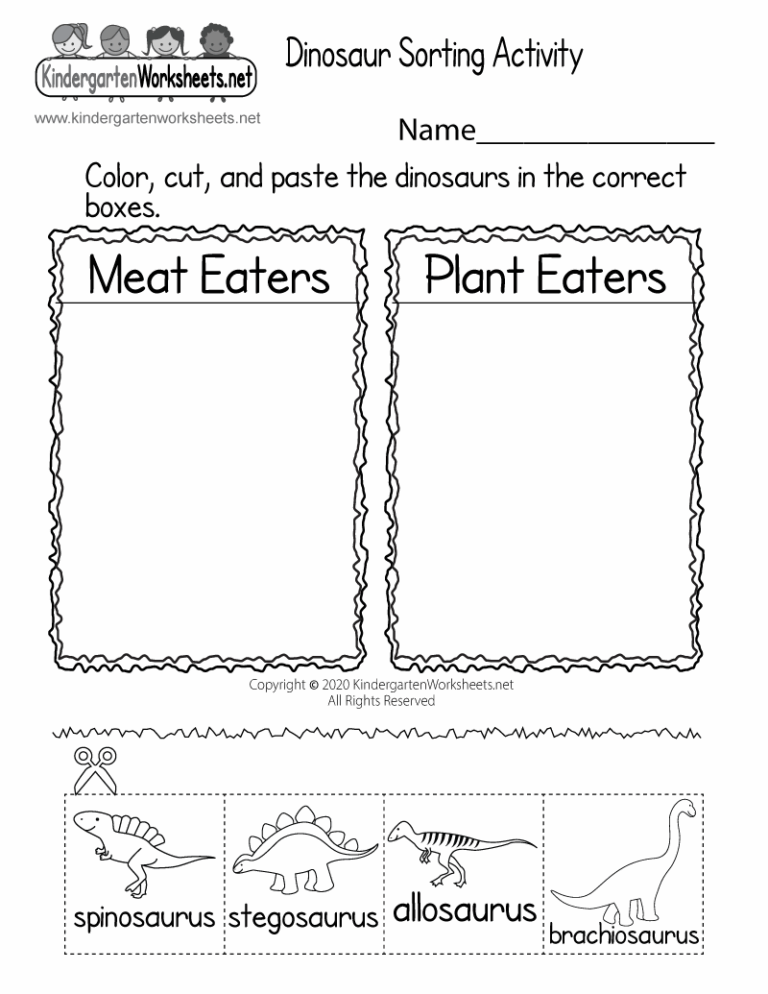 Free Printable Dinosaur Sorting Activity Worksheet