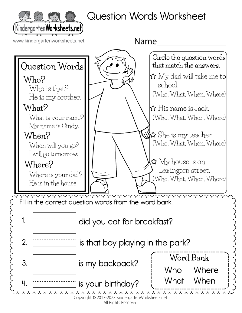 Free Printable Question Words Worksheet