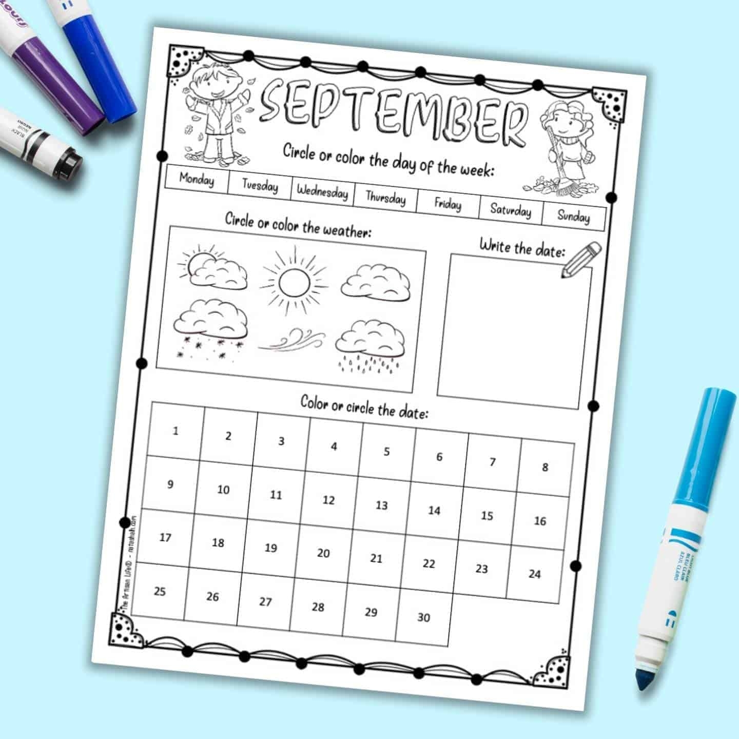 Free Printable September Calendar Worksheet For Kids The Artisan Life