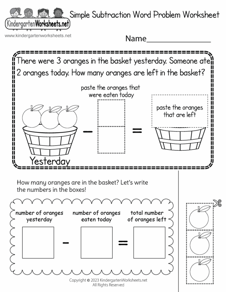 Free Printable Simple Subtraction Word Problem Worksheet