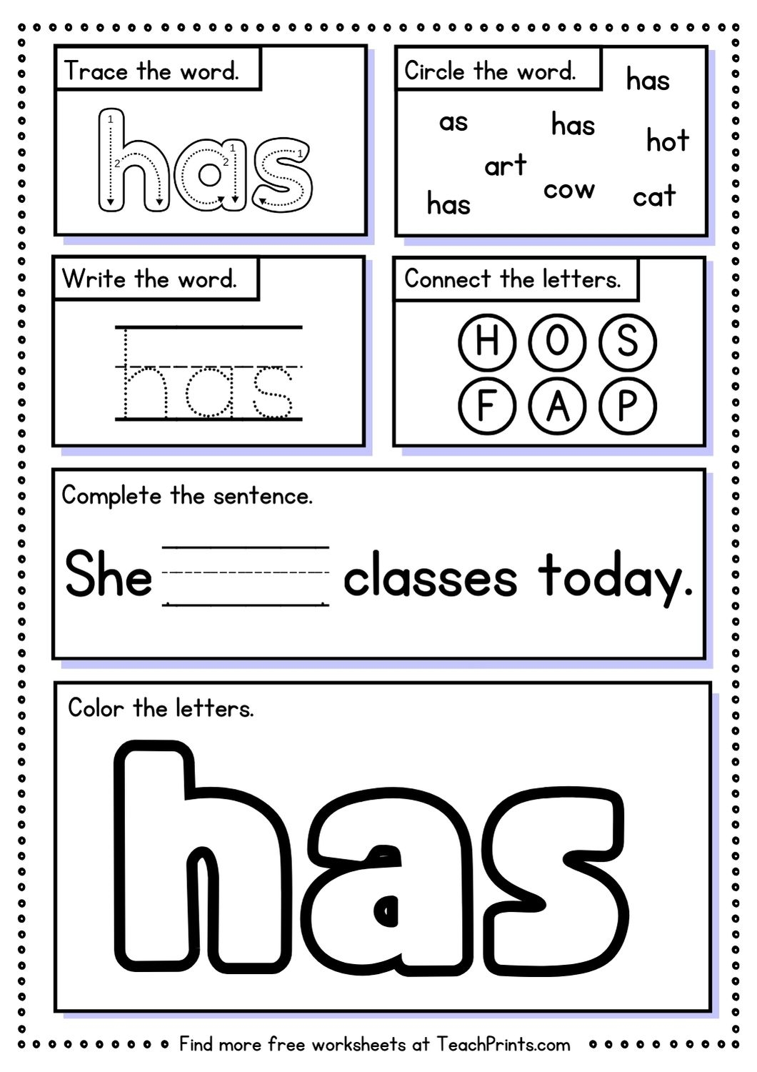 Free Sight Word Has Worksheets Teach Prints Free Sight Word Has Worksheets Teach Prints
