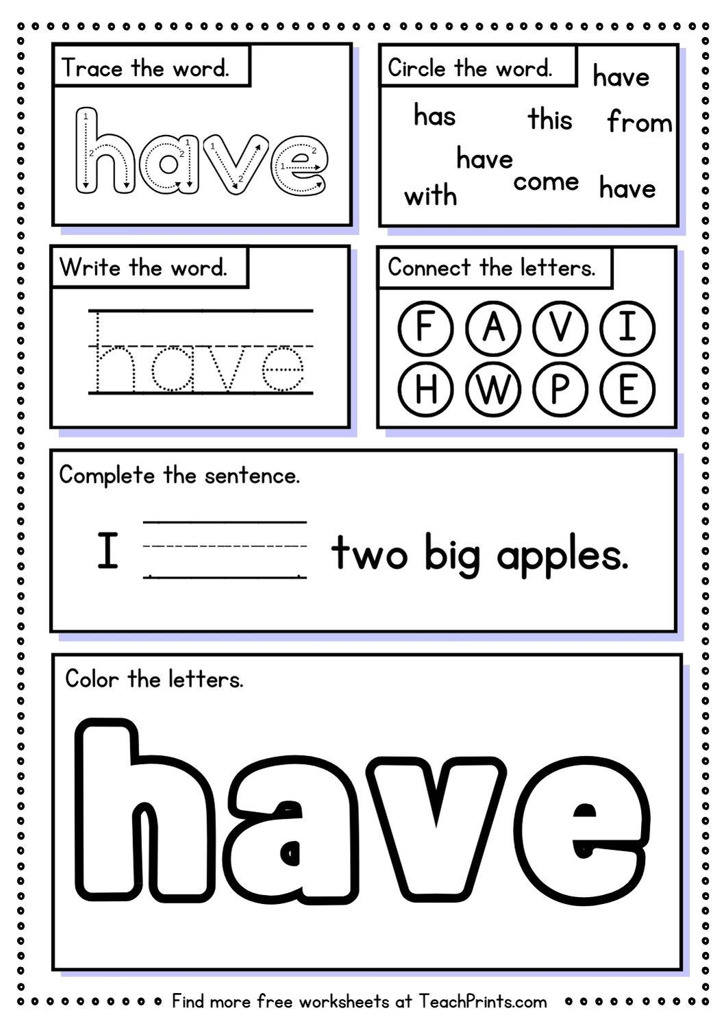 Free Sight Word Have Worksheets Teach Prints