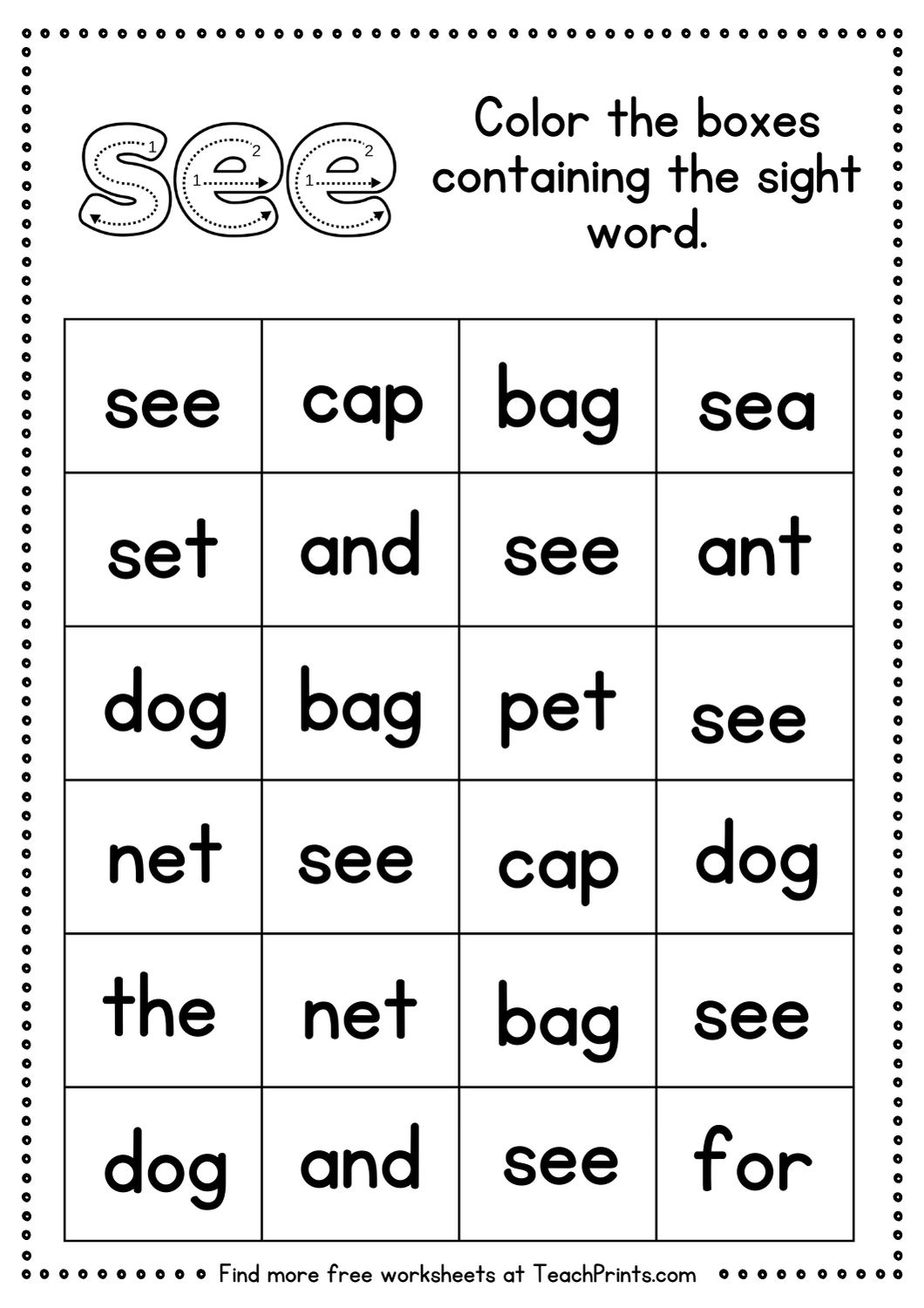 Free Kindergarten Worksheets Sight Words See