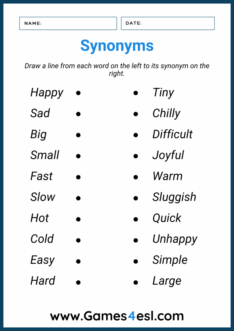 Free Synonym Worksheets Practice Exercises With Answers Games4esl