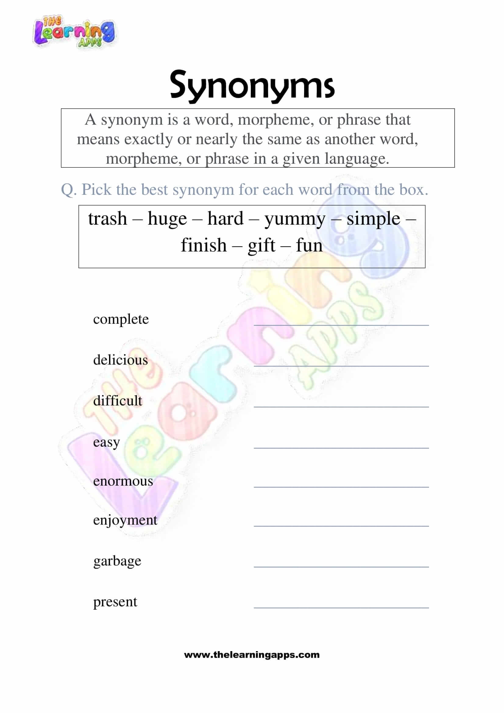 Free Synonyms Worksheet 09 For Kids