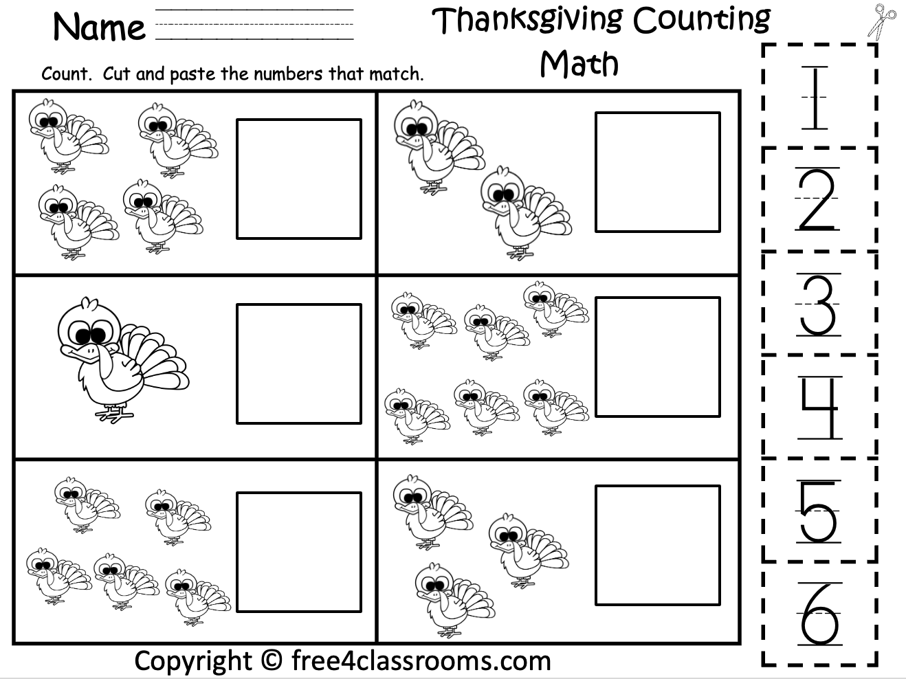 Free Thanksgiving Worksheet Cut And Counting Prek And Kinder 