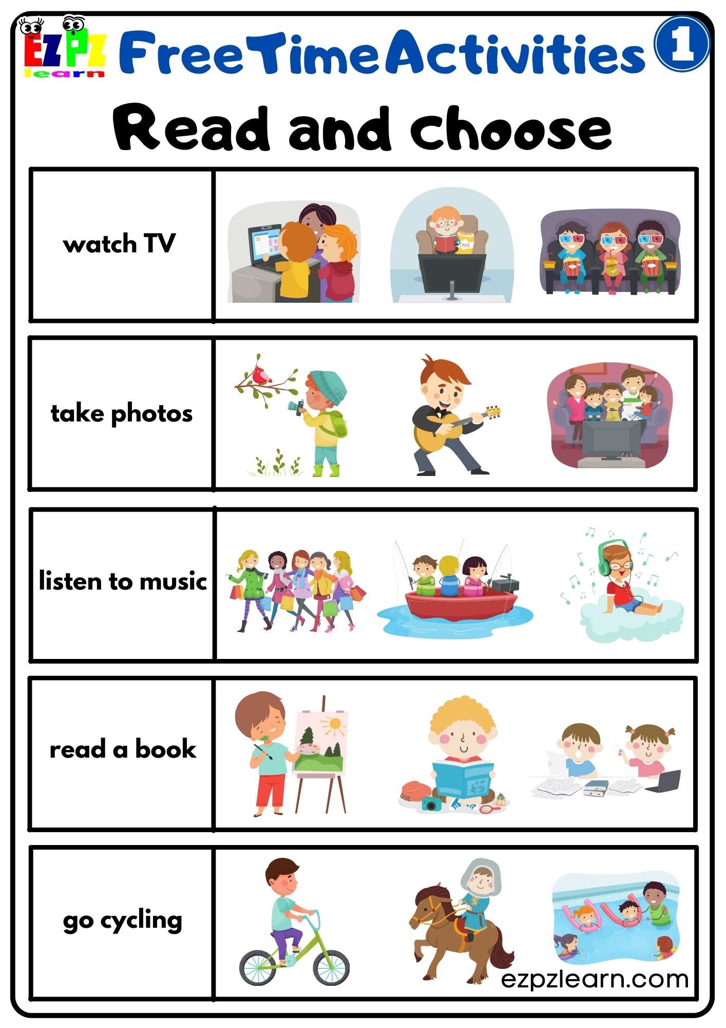 Free Time Activities Easy Read And Choose Worksheet Activity For Children And ESL Students Free PDF Download Group 1 Ezpzlearn