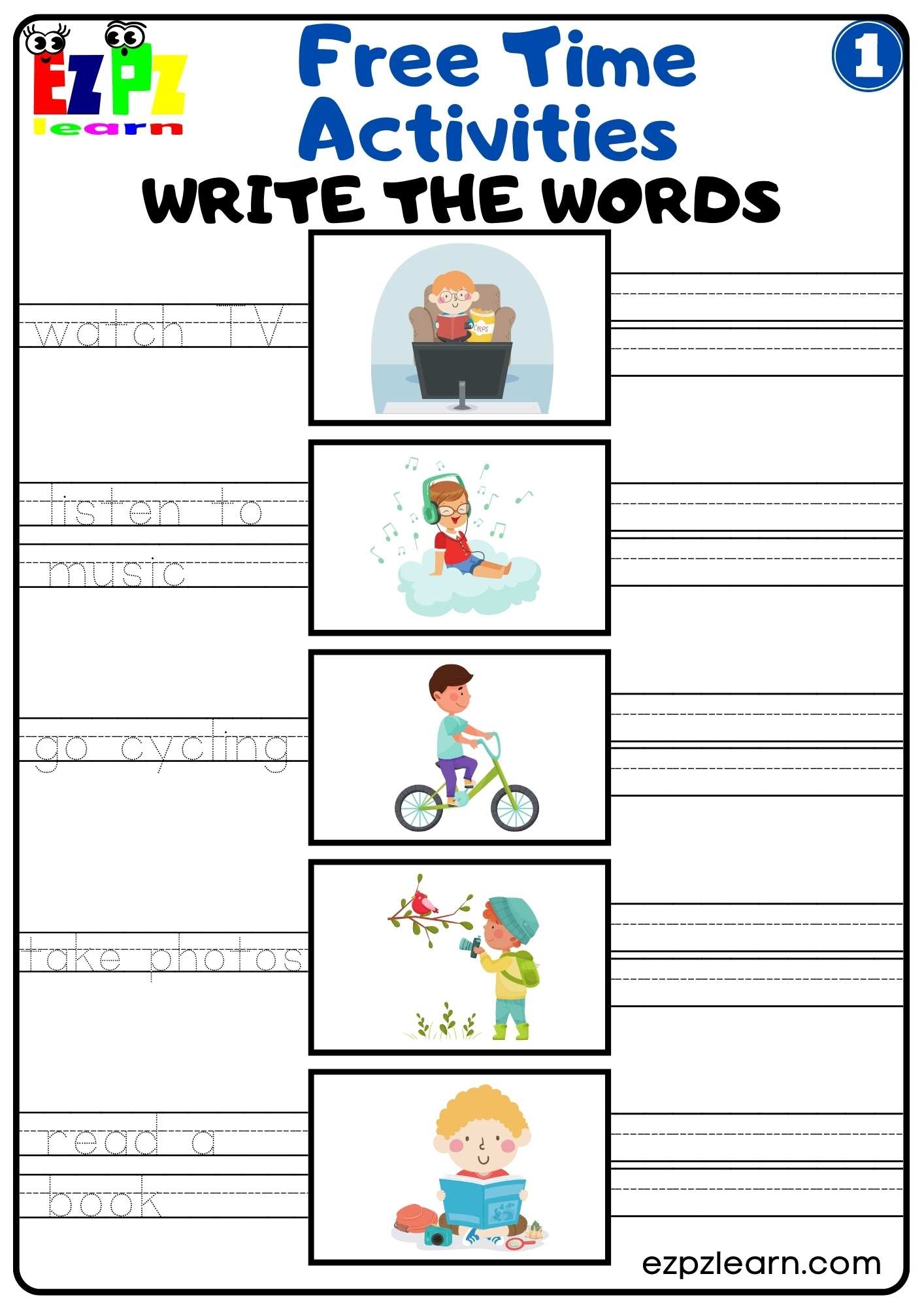 Free Time Activities Easy Write The Words Worksheet Activity For Children And ESL Students Free PDF Download Group 1 Ezpzlearn