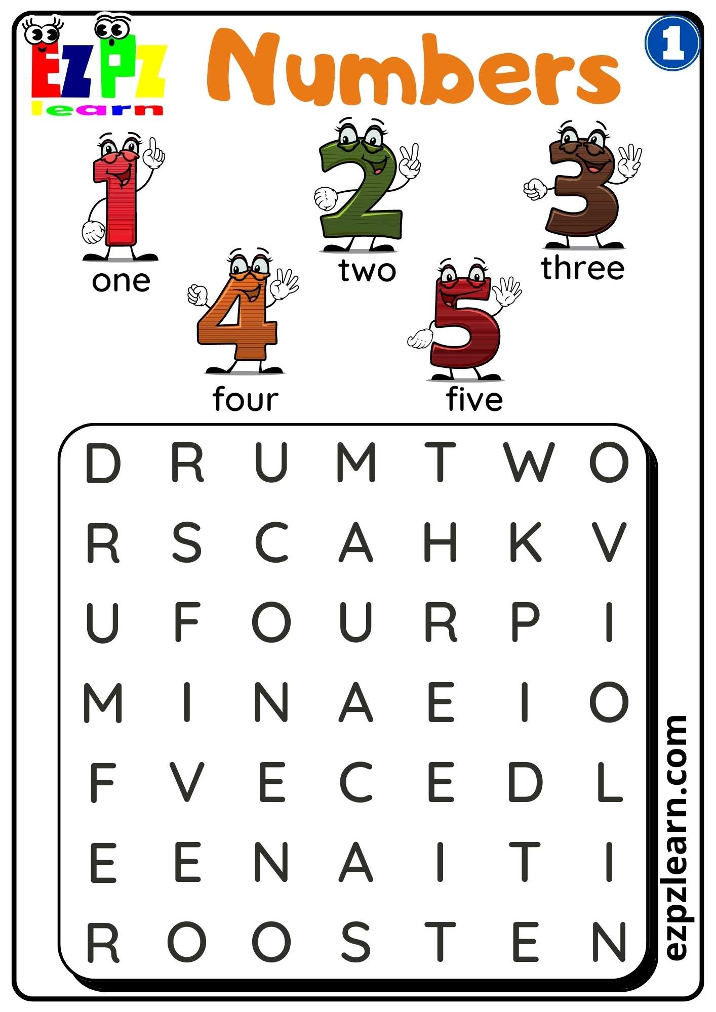 G1 Numbers Word Search Worksheet For Kindergarten And ESL Students 