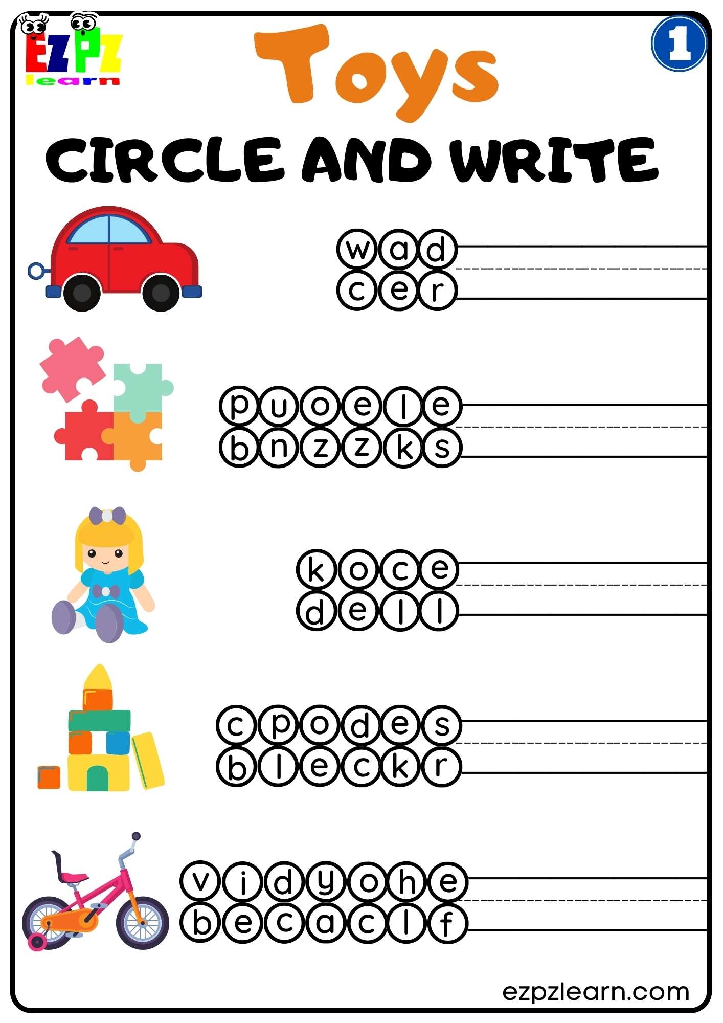 Group 1 Toys Circle And Write Vocabulary Worksheet For K5 And ESL Free PDF Download Ezpzlearn
