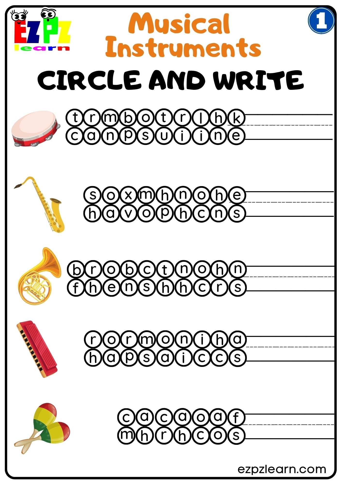 Group One Musical Instruments Circle And Write Worksheet Free PDF Download Ezpzlearn