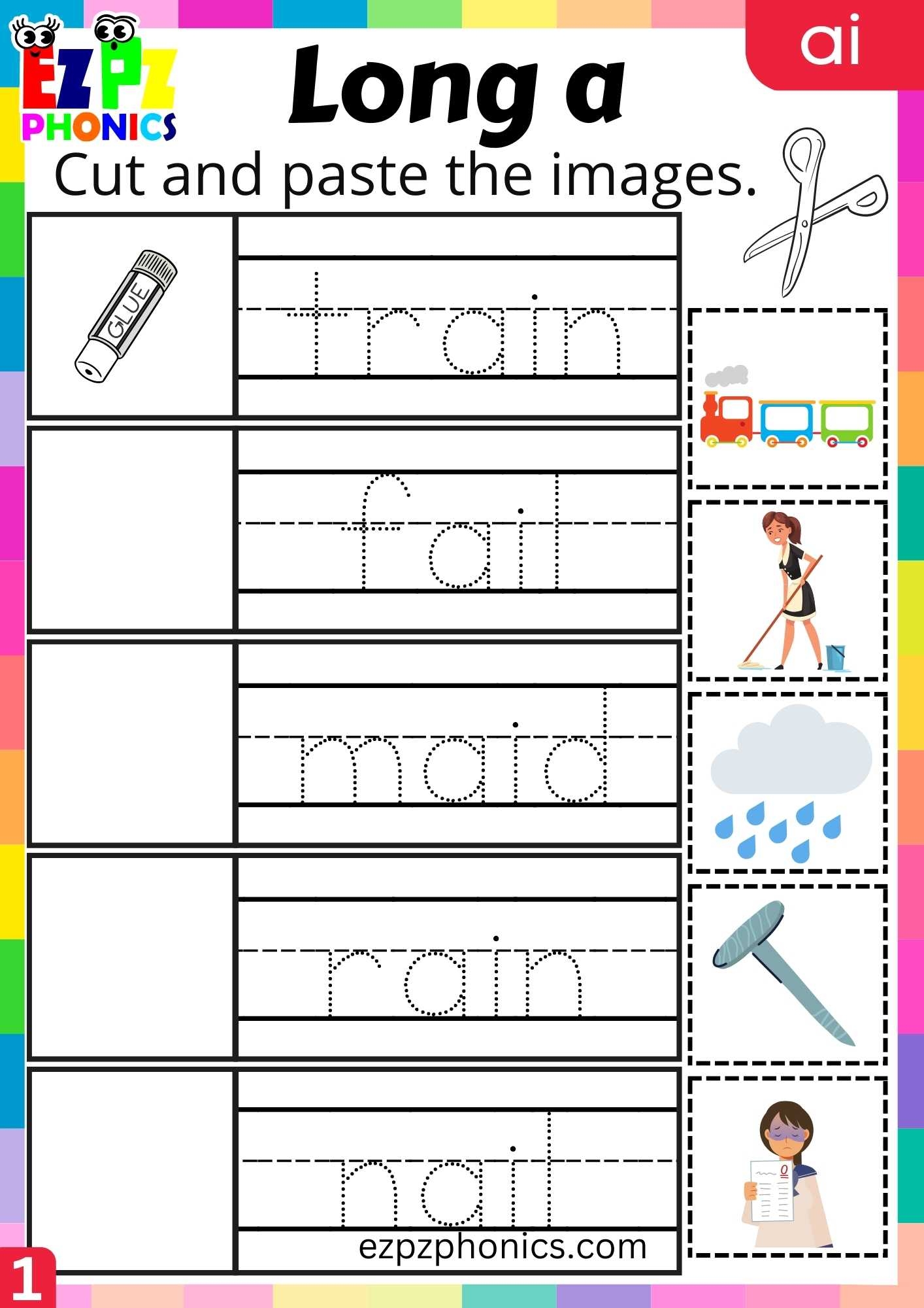 Group1 AI Words Cut And Paste The Images Long A Phonics Worksheet 