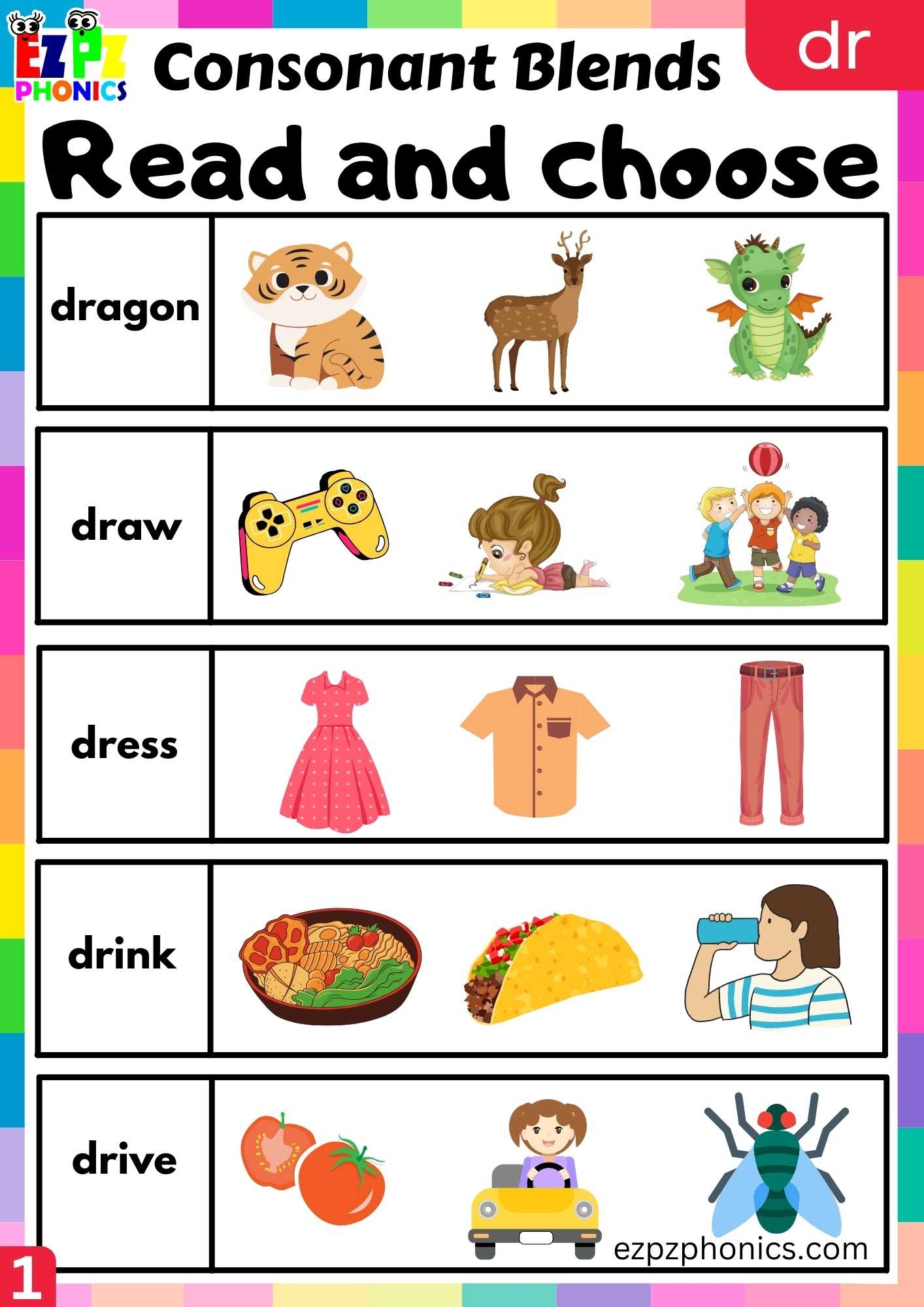 Group1 DR Words Read And Choose Phonics Consonant Blends Worksheet Ezpzphonics