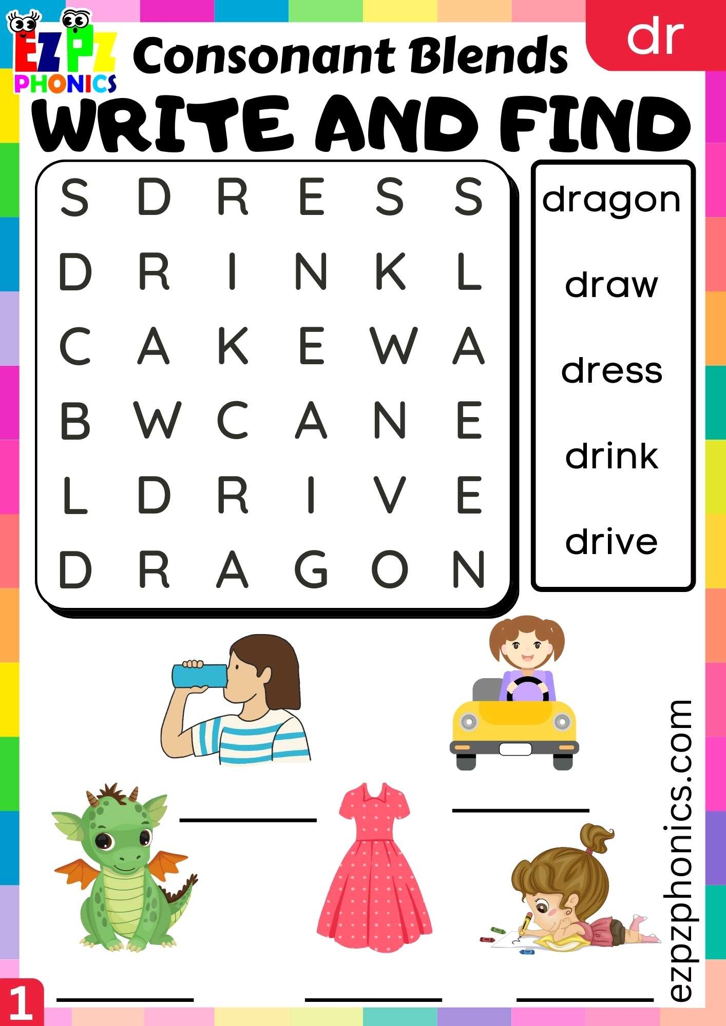 Group1 DR Words Write And Find Phonics Consonant Blends Worksheet Ezpzphonics