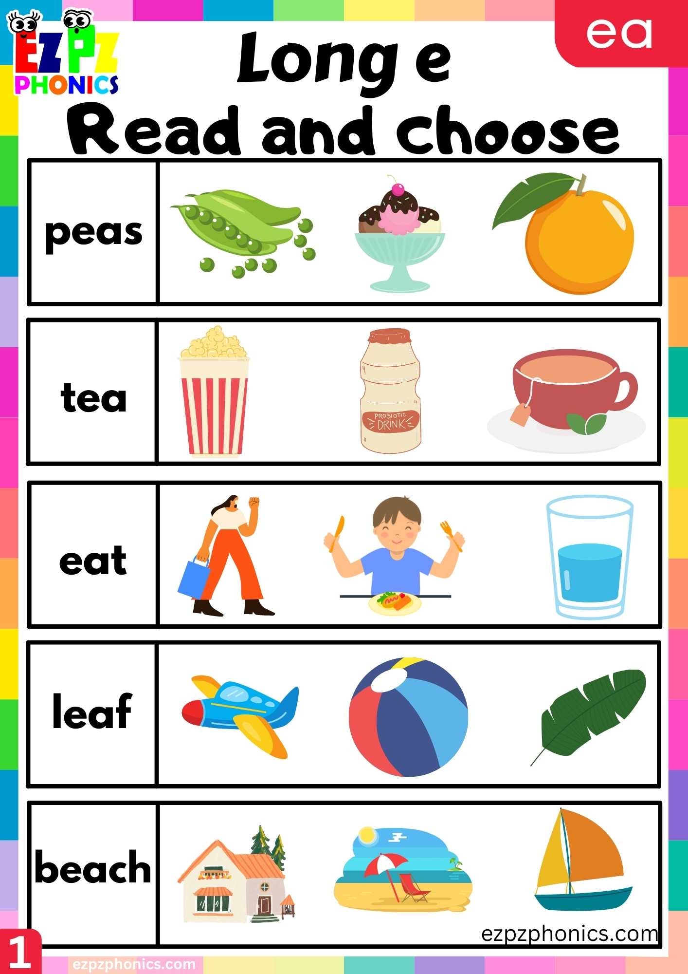 Group1 EA Words Read And Choose Long E Phonics Worksheet Ezpzphonics