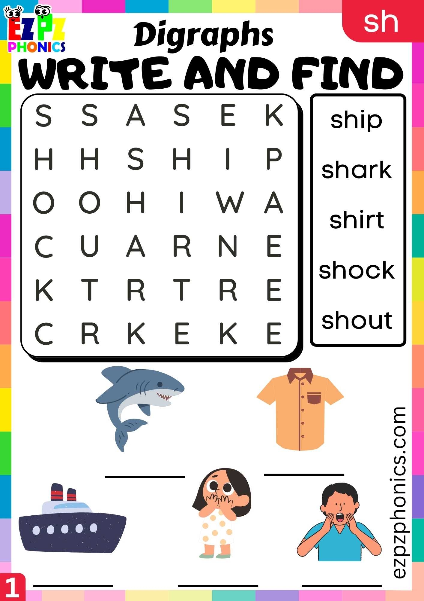 Group1 SH Words Write And Find Consonant Digraphs Phonics