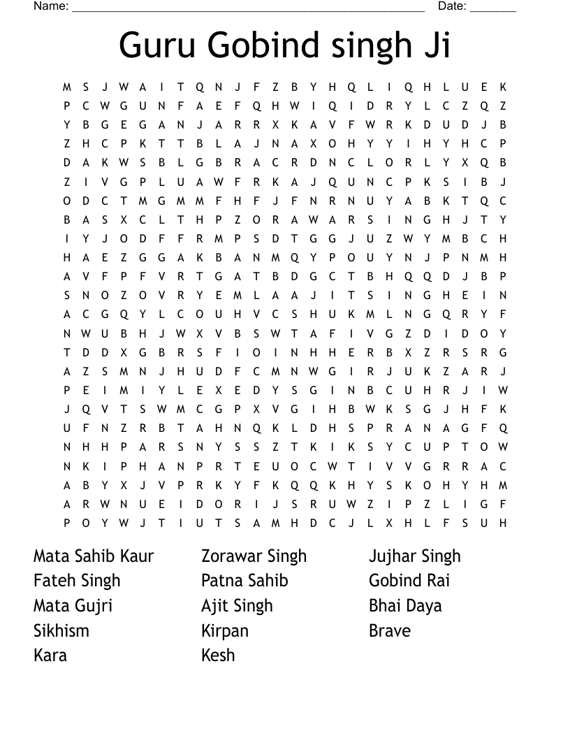 Guru Gobind Singh Ji Word Search WordMint