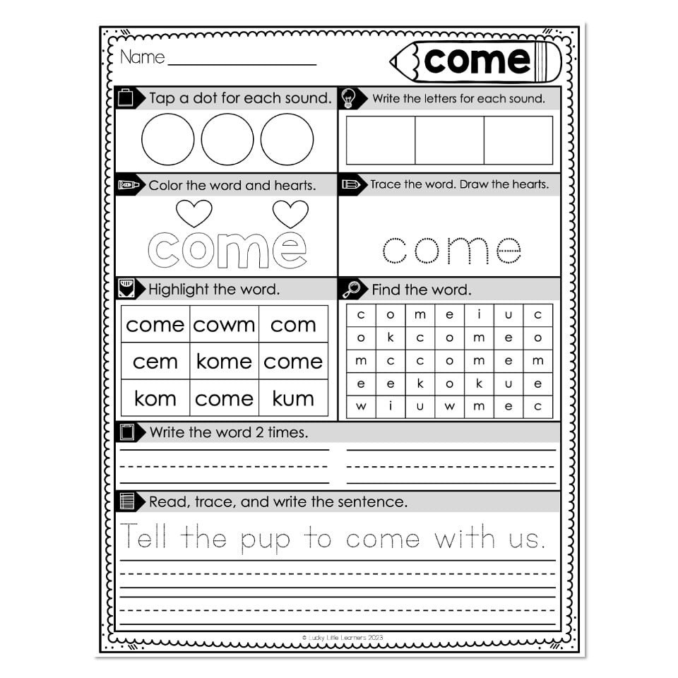 Heart Word Worksheets Sight Words Come Lucky Little Learners