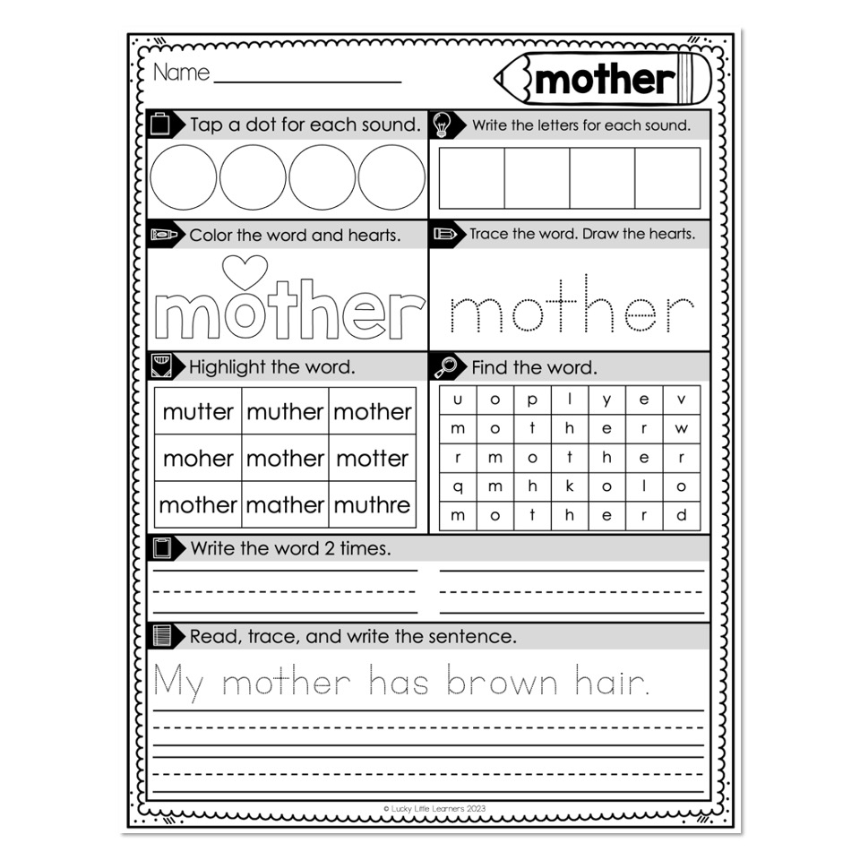 Heart Word Worksheets Sight Words Mother Lucky Little Learners