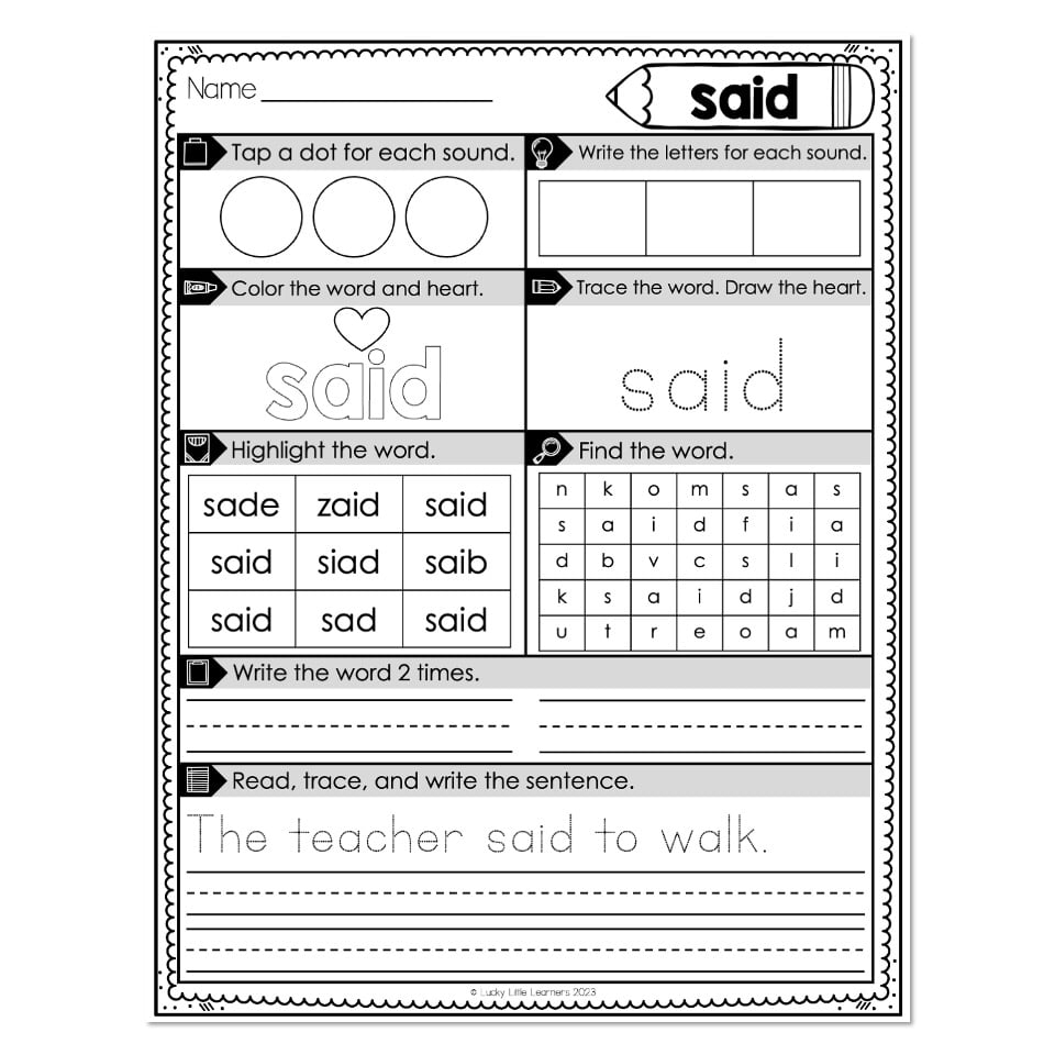 Heart Word Worksheets Sight Words Said Lucky Little Learners Heart Word Worksheets Sight Words Said Lucky Little Learners