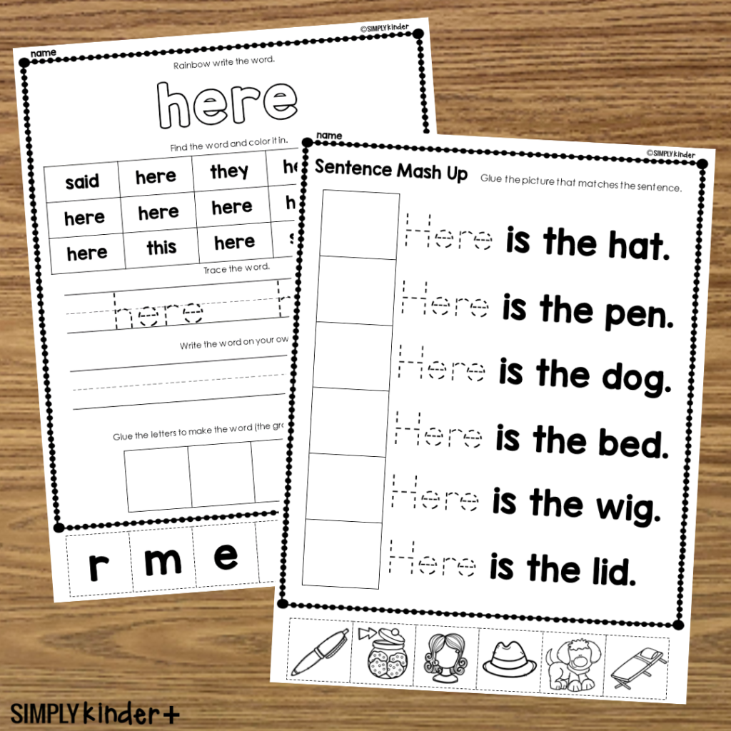 Here Sight Word Cut U0026 Glue Activities Simply Kinder Plus