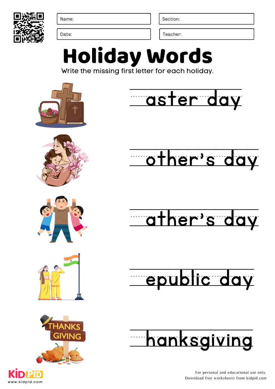 Free Kindergarten Holiday Worksheets