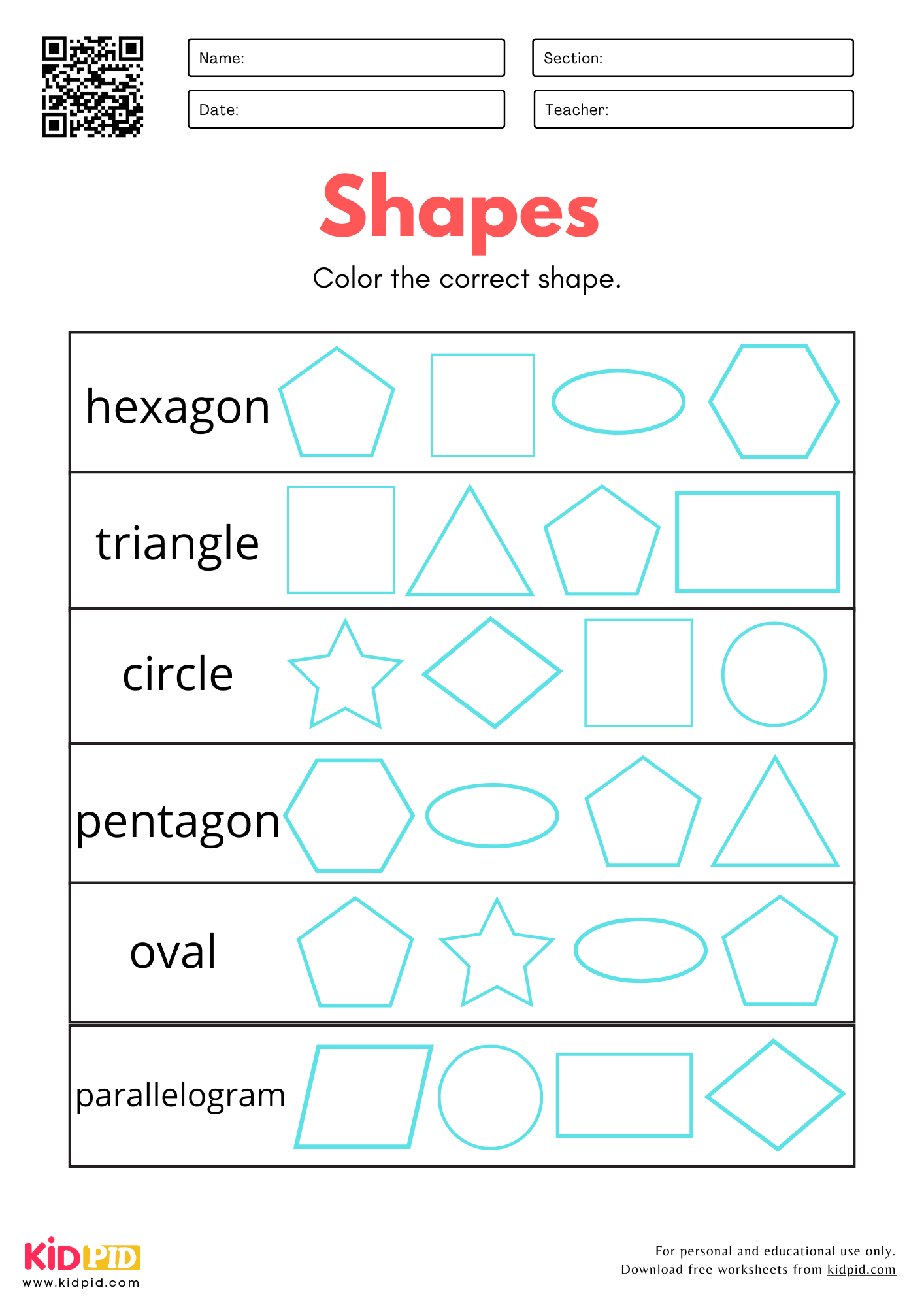 Identify 2D Shapes Worksheet For Kindergarten Kidpid