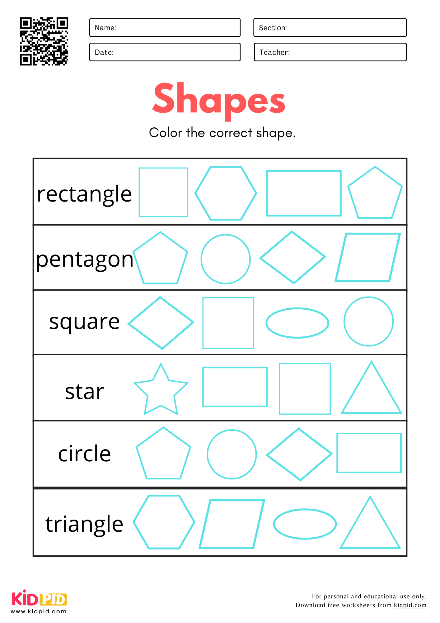 Identify 2D Shapes Worksheet For Kindergarten Kidpid