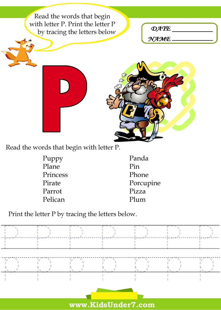 Trace Letter P Words Kindergarten Worksheet