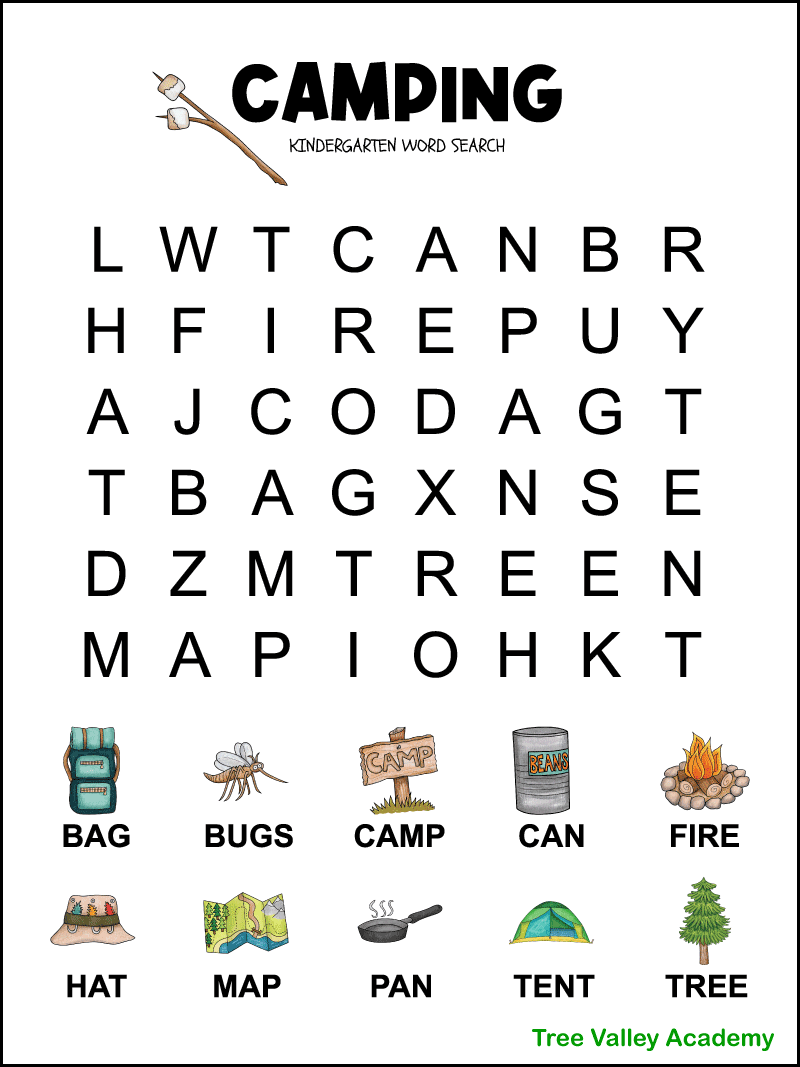 Kindergarten Camping Word Search Tree Valley Academy Worksheets Library
