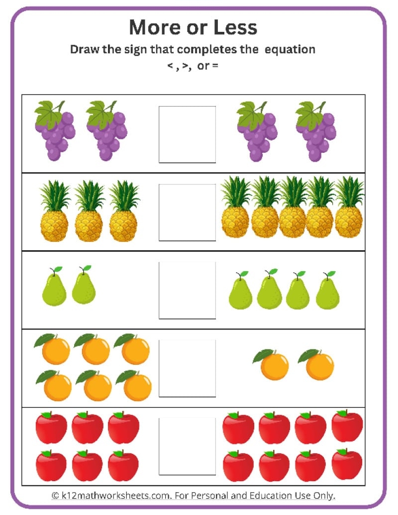 Kindergarten Math Lesser Or Greater Worksheets