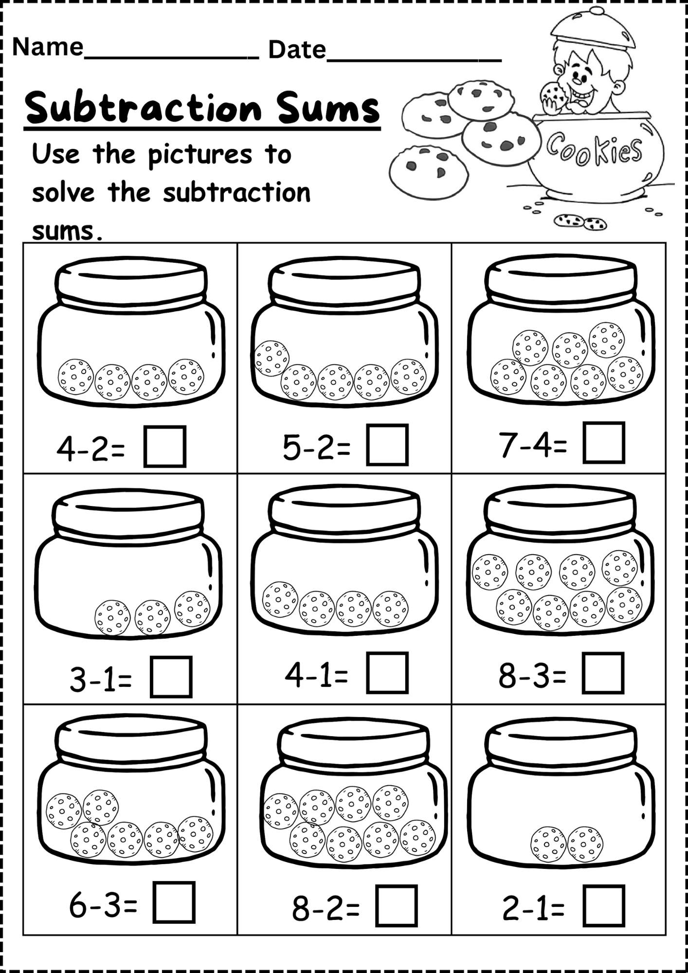 Kindergarten Cookie Subtraction Sums Worksheet Free