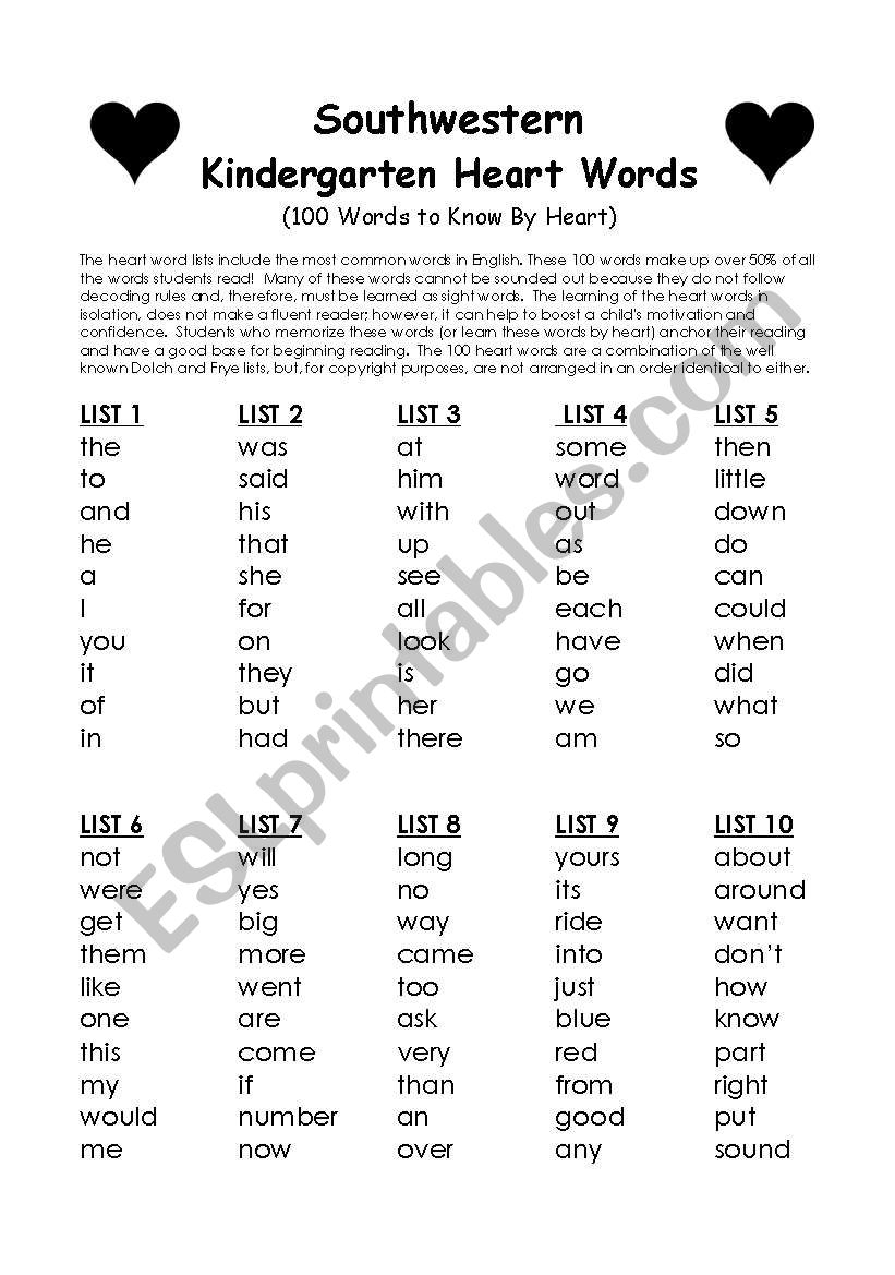 Kindergarten Heart Words ESL Worksheet By Sdattilo