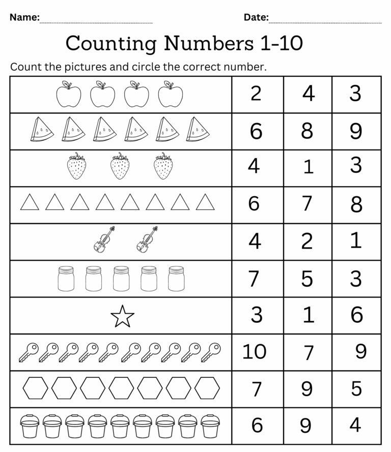 Kindergarten Math Counting Objects Worksheets 1 10 Black And White