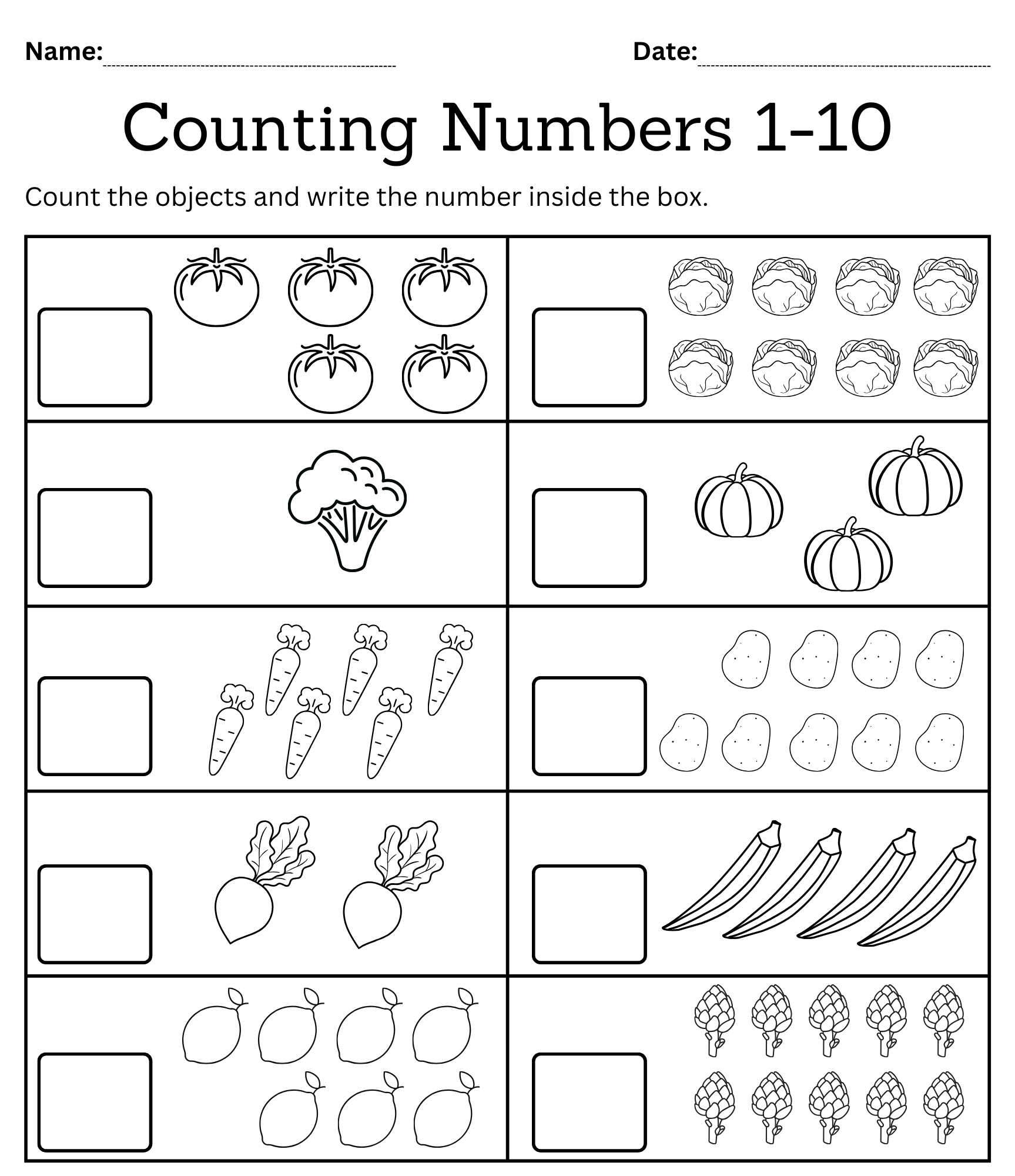Kindergarten Math Counting Objects Worksheets 1 10 Black And White Teaching Resources
