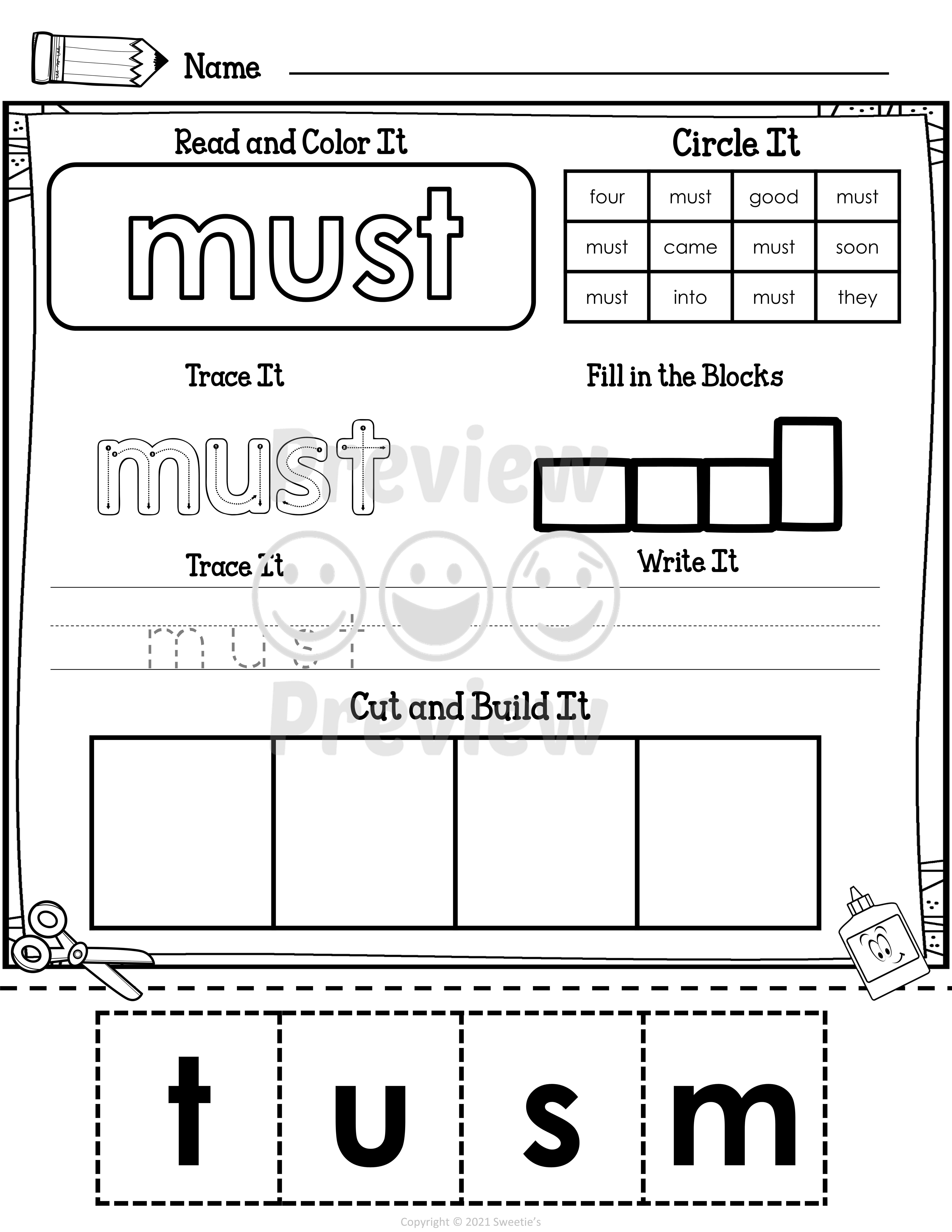 Sight Word My Worksheets For Kindergarten