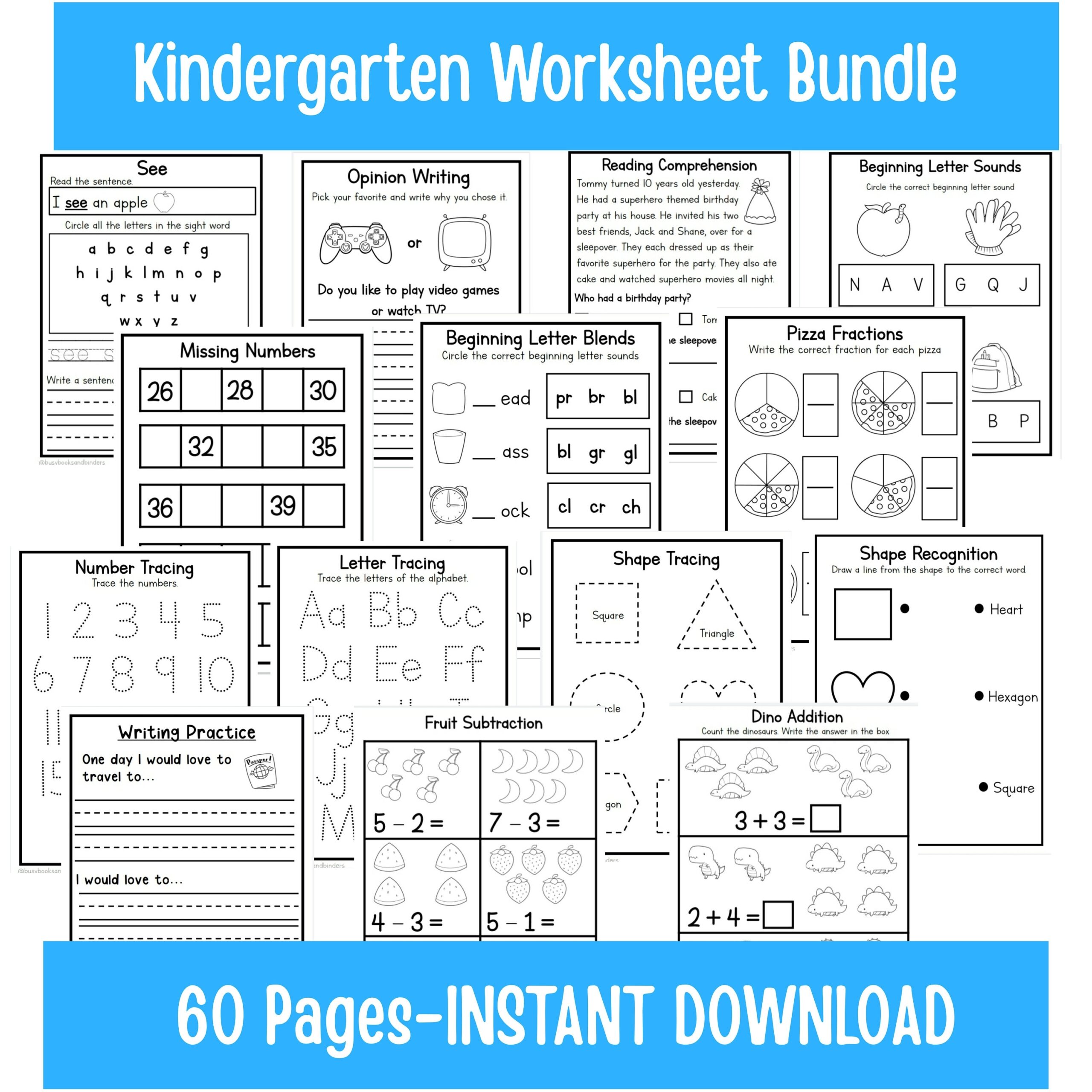 Kindergarten Worksheet Bundle Homeschool Printables Preschool 