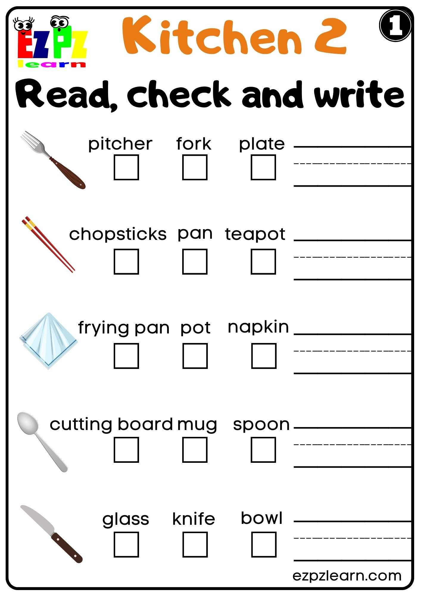 Kitchen Utensils ESL Matching Exercise Worksheets For Kids 