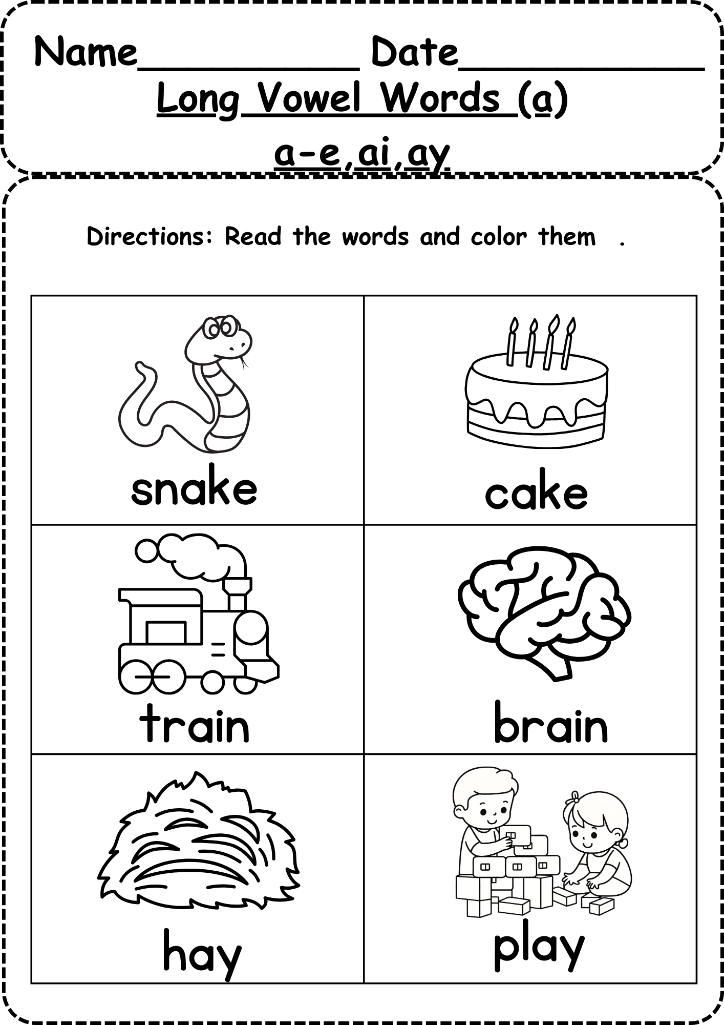 Free Kindergarten Long Vowel Worksheets