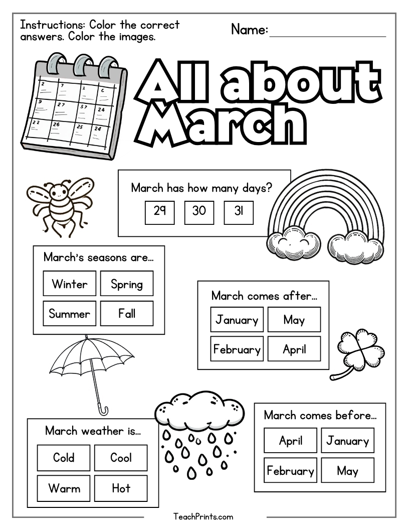 March Worksheets 8 Free PDF Printables Teach Prints