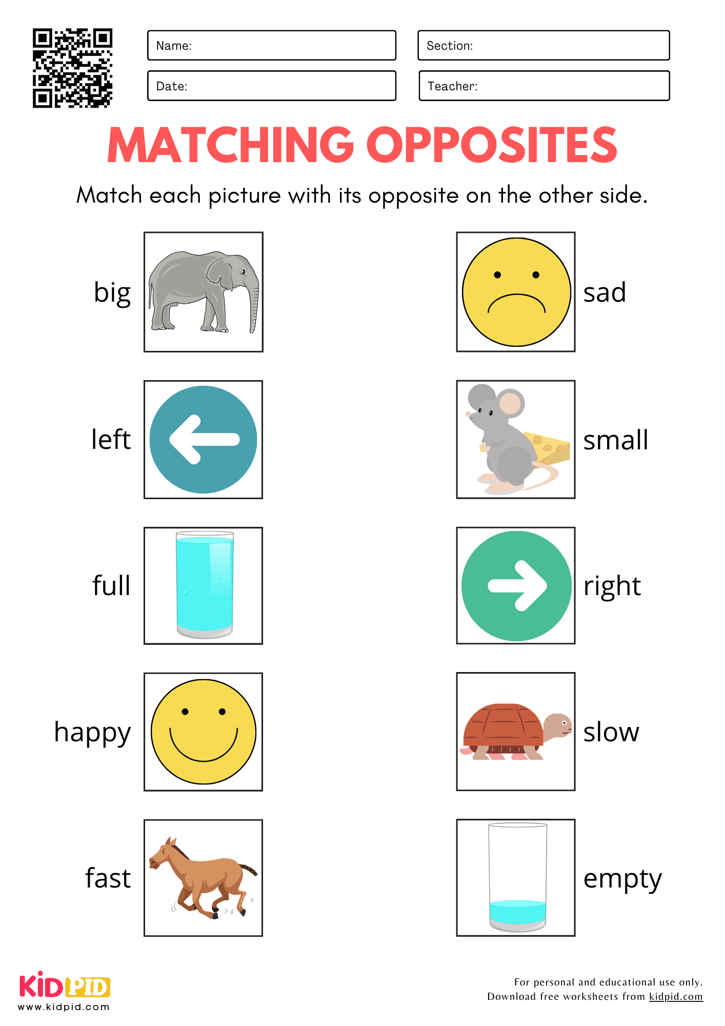Matching Opposites Pictures Worksheet For Kindergarten Kidpid