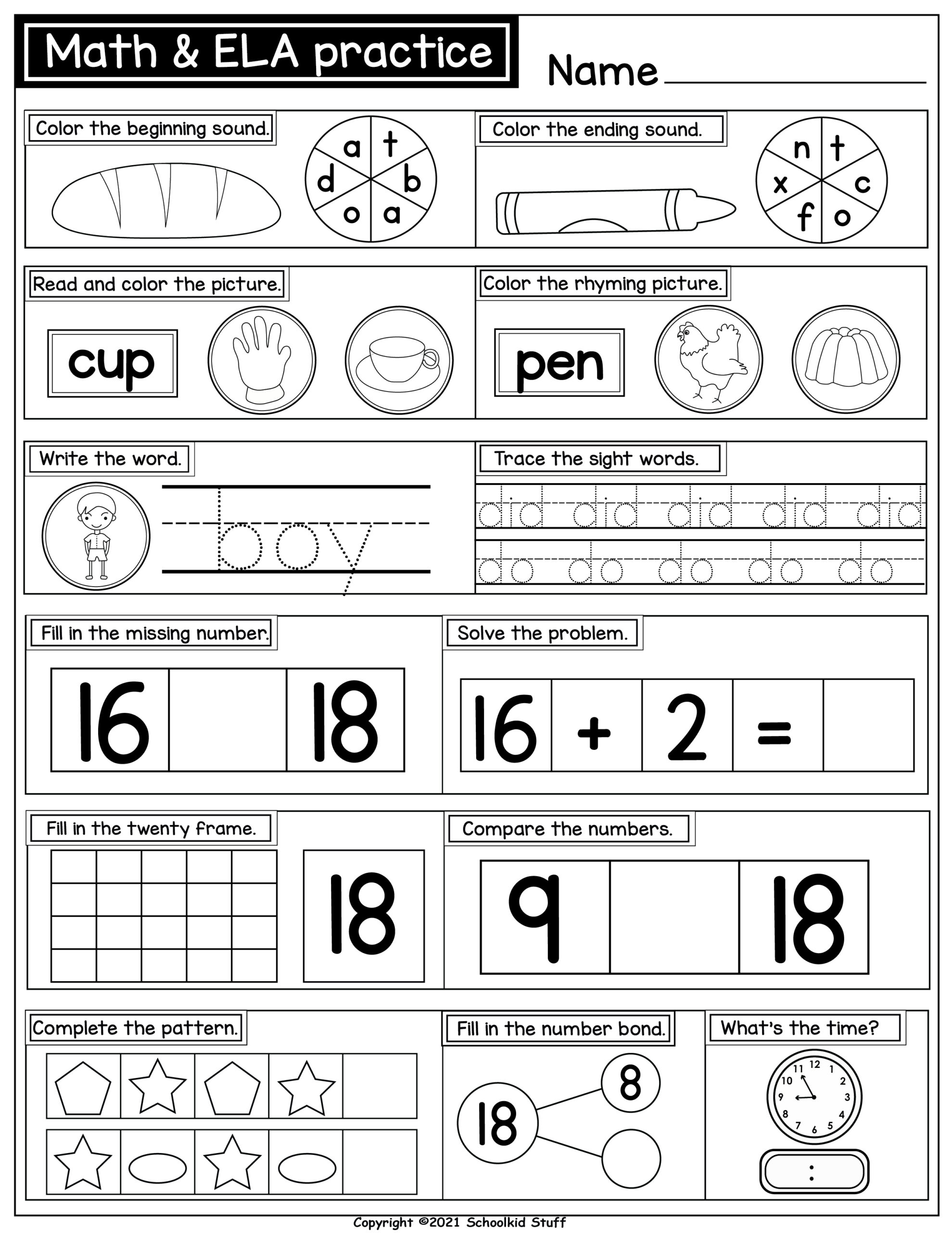 Math U0026 ELA Practice Worksheets For Kindergarten No Prep Pack