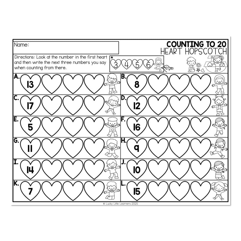 Math Worksheet Counting To 20 Heart Hopscotch Lucky Little Learners