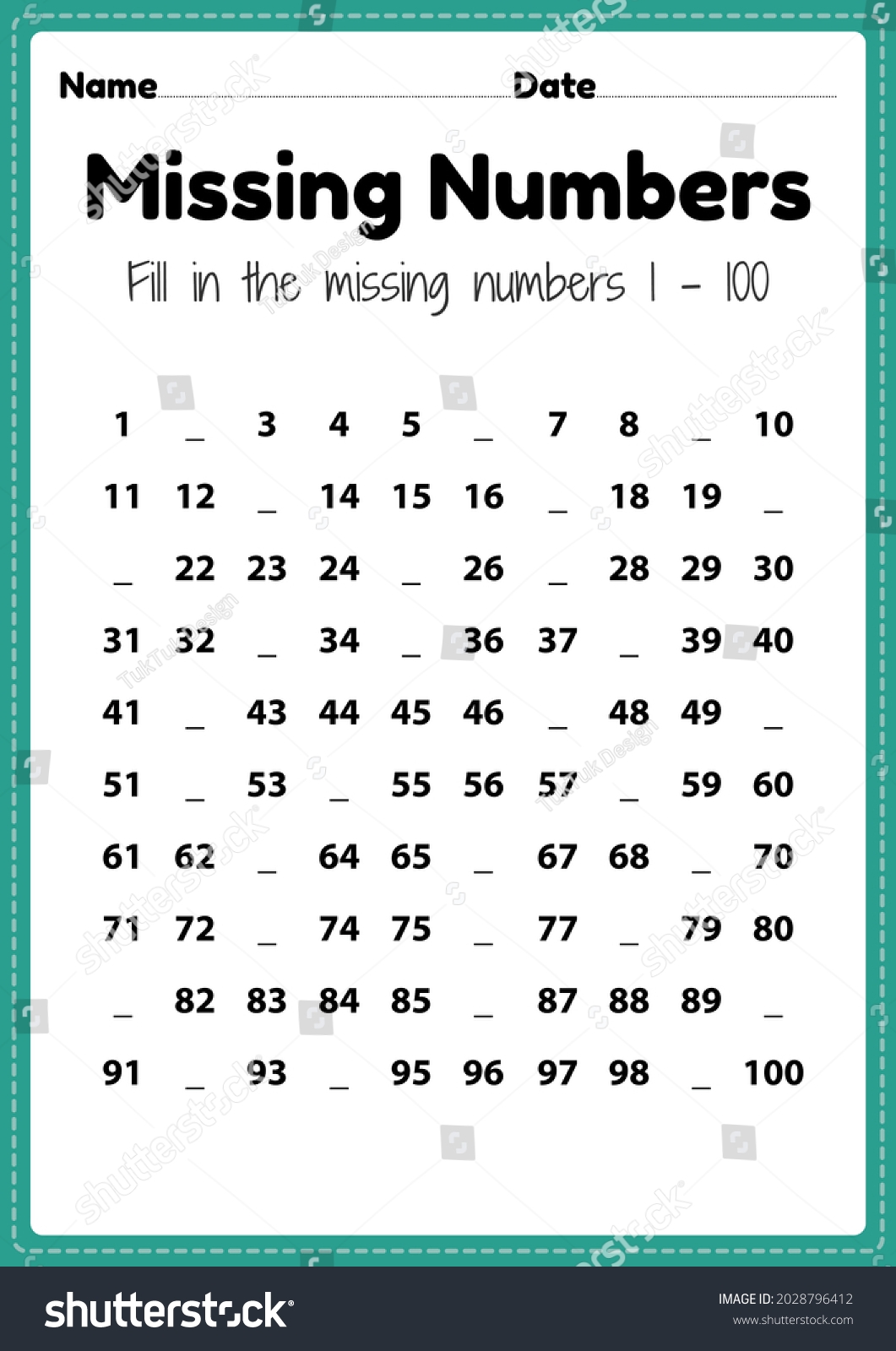Maths Worksheets Missing Numbers 1 100 Stock Illustration 2028796412 Shutterstock